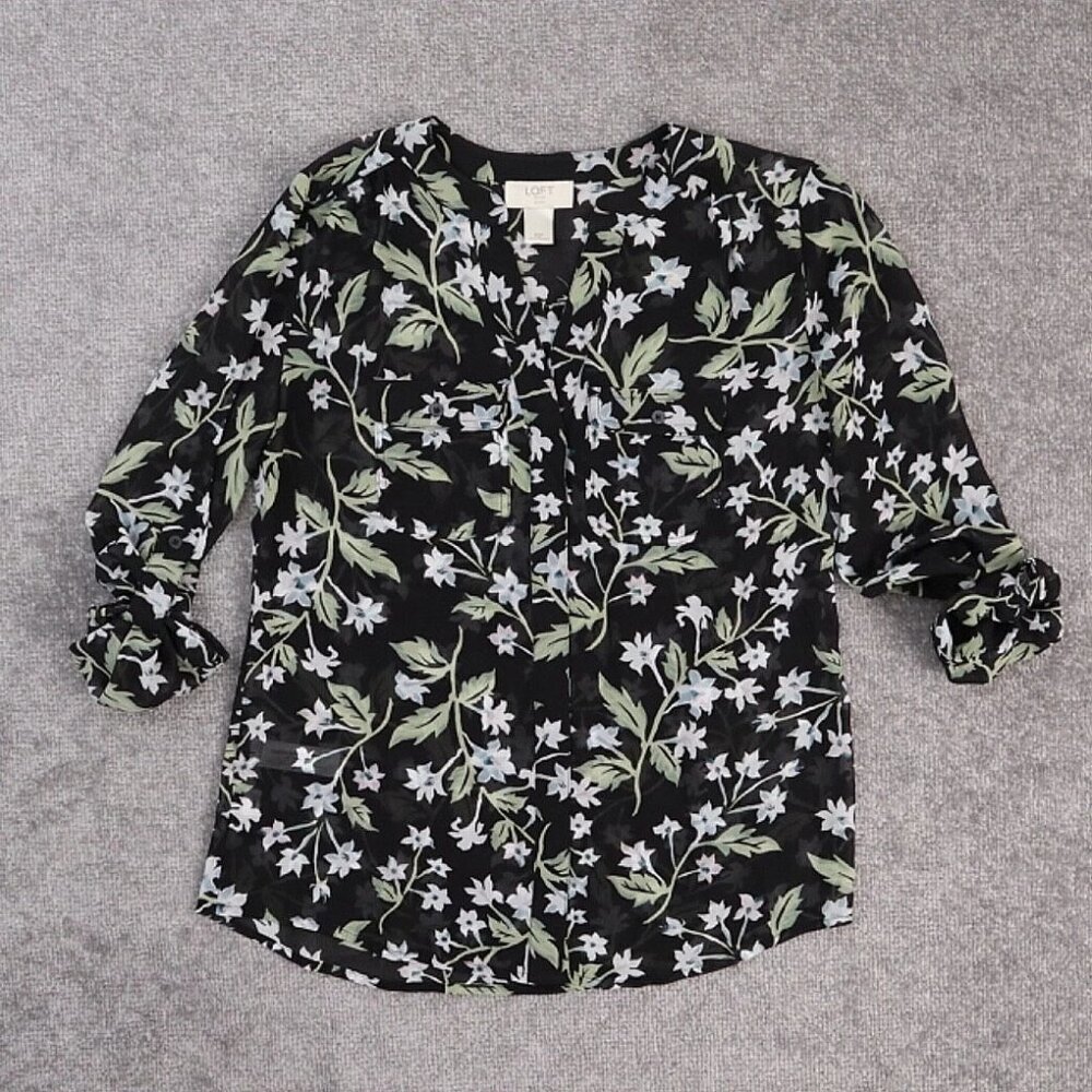 Women's Ann Taylor LOFT Petite XS Black Floral Button Roll Up Sleeve Blouse